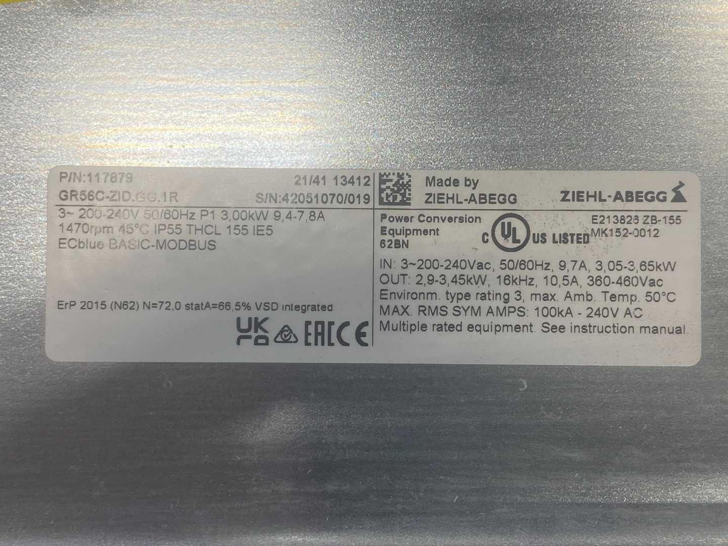 ZIEHL-ABEGG EC Blue Fan, GR65C-ZID.GG.1R, 200-240VAC