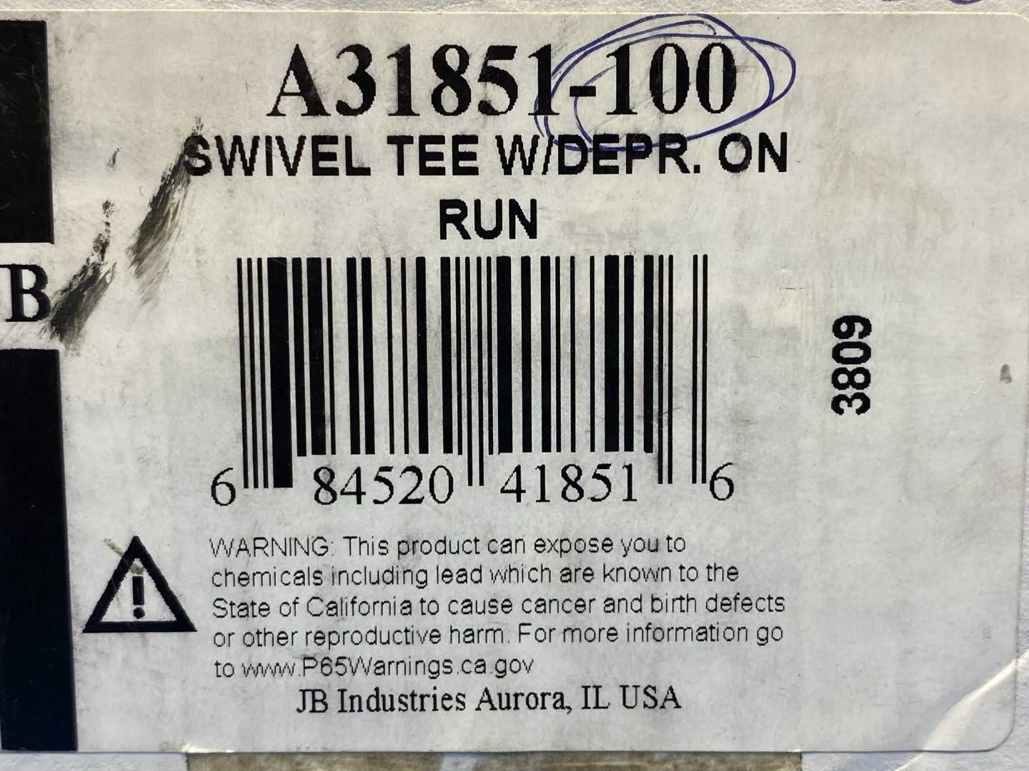 JB, A31851 3/8" Swivel Tee w/Depressor on Run