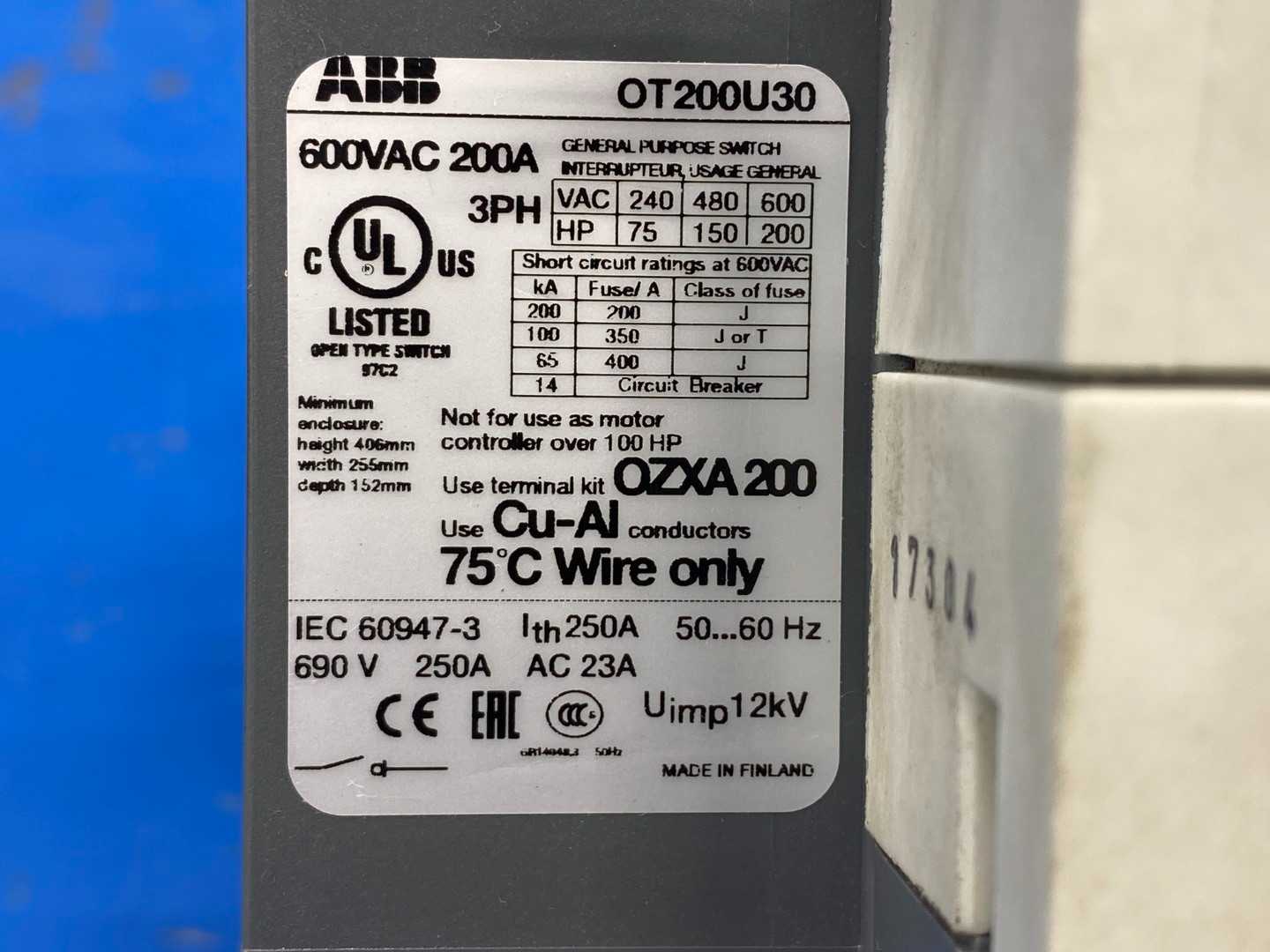 ABB Switch Disconnect OT200U30, 600VAC/200A/3PH