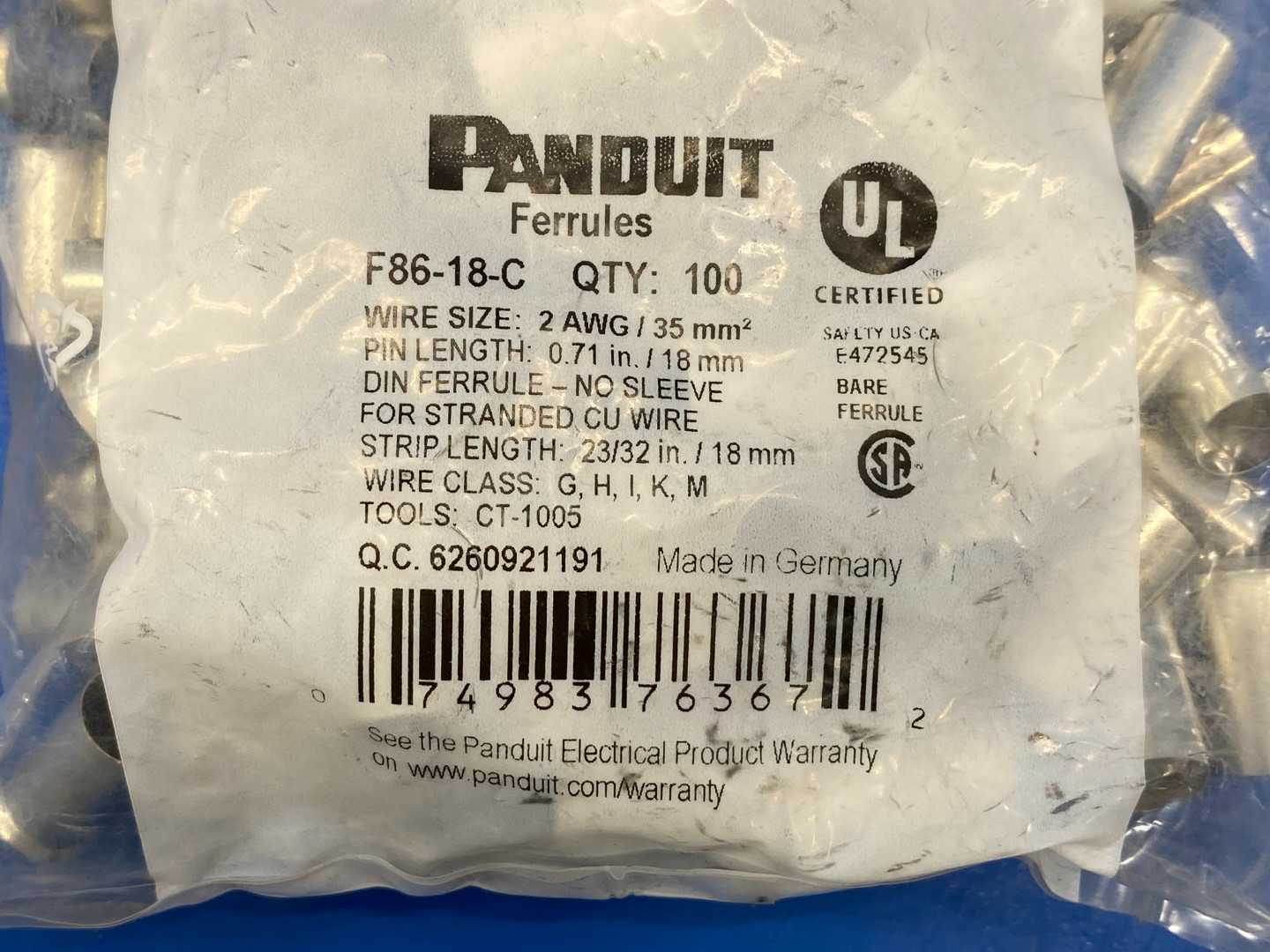 Panduit Ferrules, F86-18-C, 2 AWG