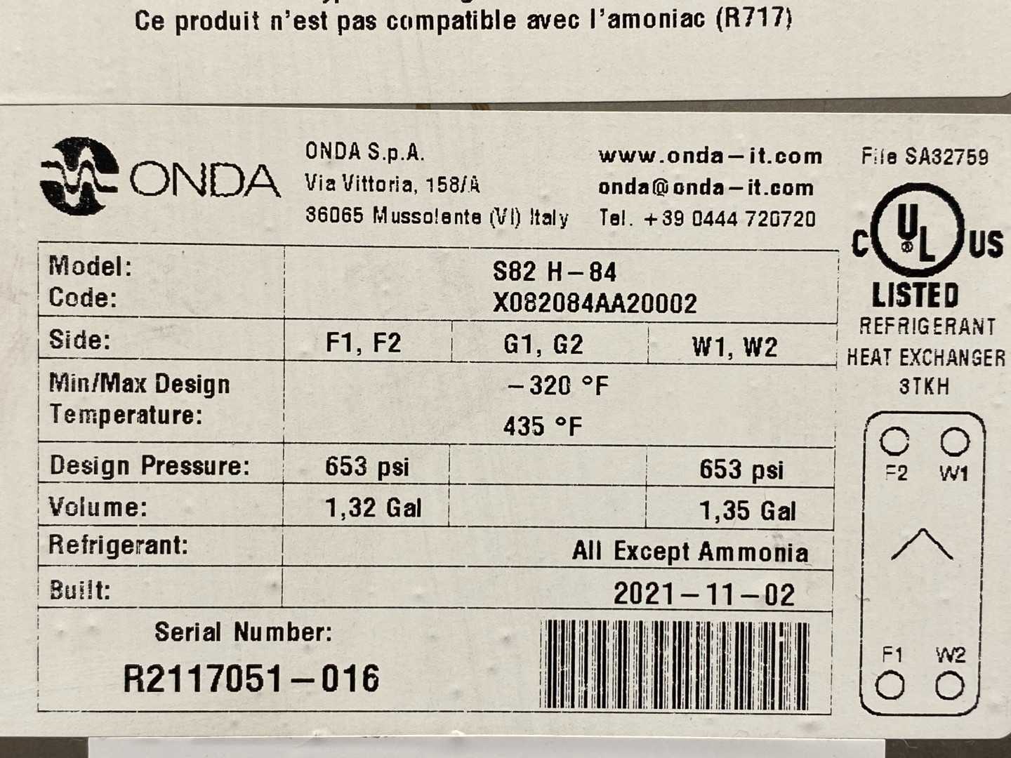 Onda Refrigerant Plated Heat Exchanger S82 H-84, 13-15Ton