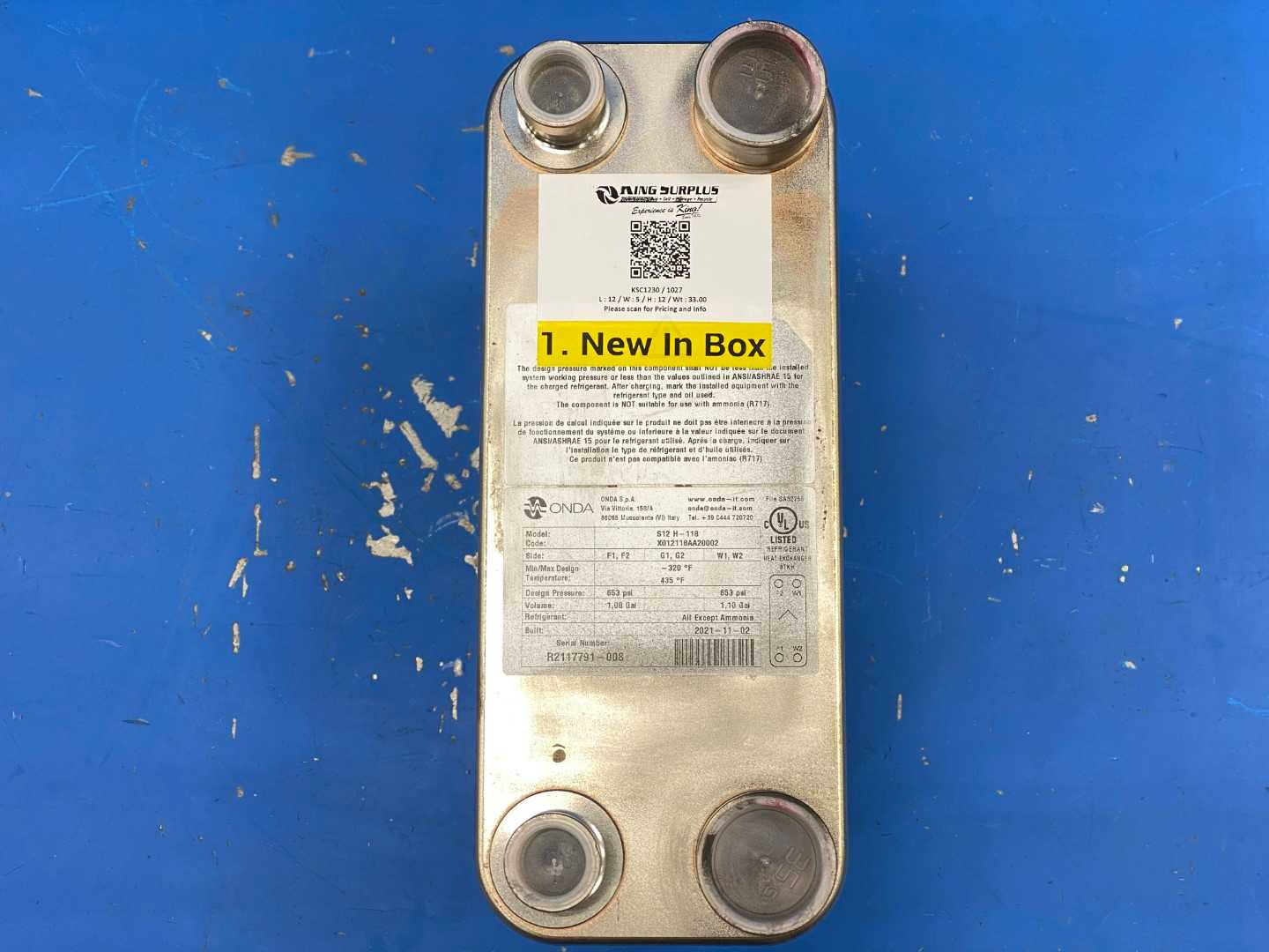 Onda Refrigerant Plated Heat Exchanger S12 H-118, 8-15Ton