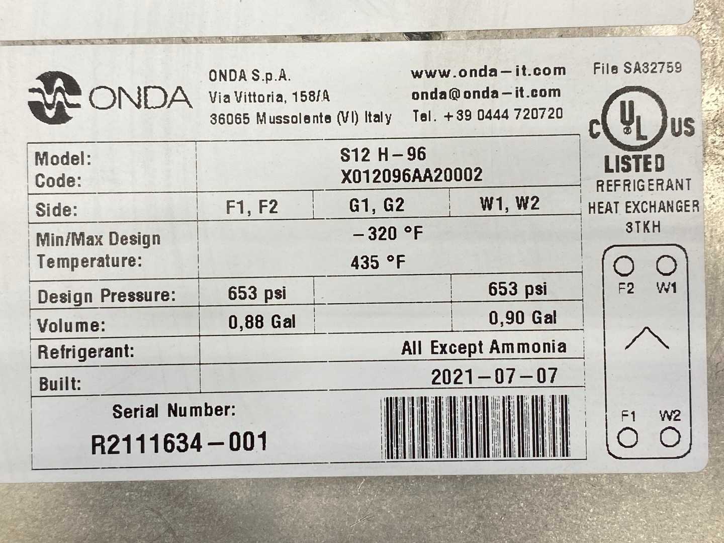 Onda Refrigerant Plated Heat Exchanger S12 H-96, 4-10 Ton