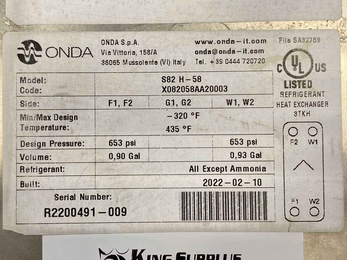 Onda Refrigerant Plated Heat Exchanger S82 H-58, 13Ton