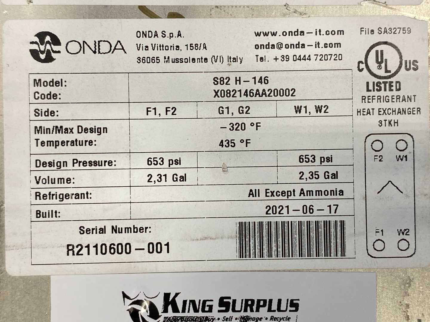 Onda Refrigerant Plated Heat Exchanger, S82 H-146, GFU 125 KW