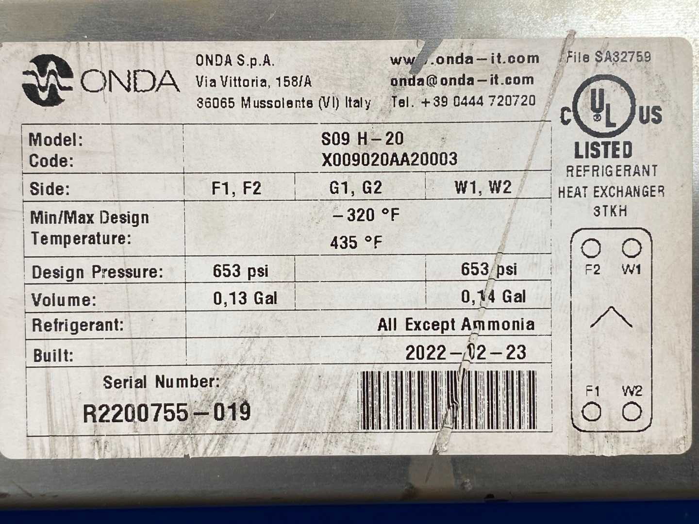 Onda Refrigerant Plated Heat Exchanger S09 H-20, 1-2Ton
