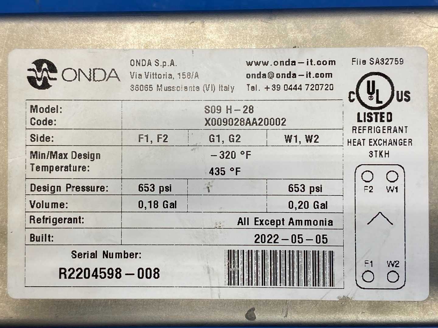 Onda Refrigerant Plated Heat Exchanger S09 H-28, 1-3Ton