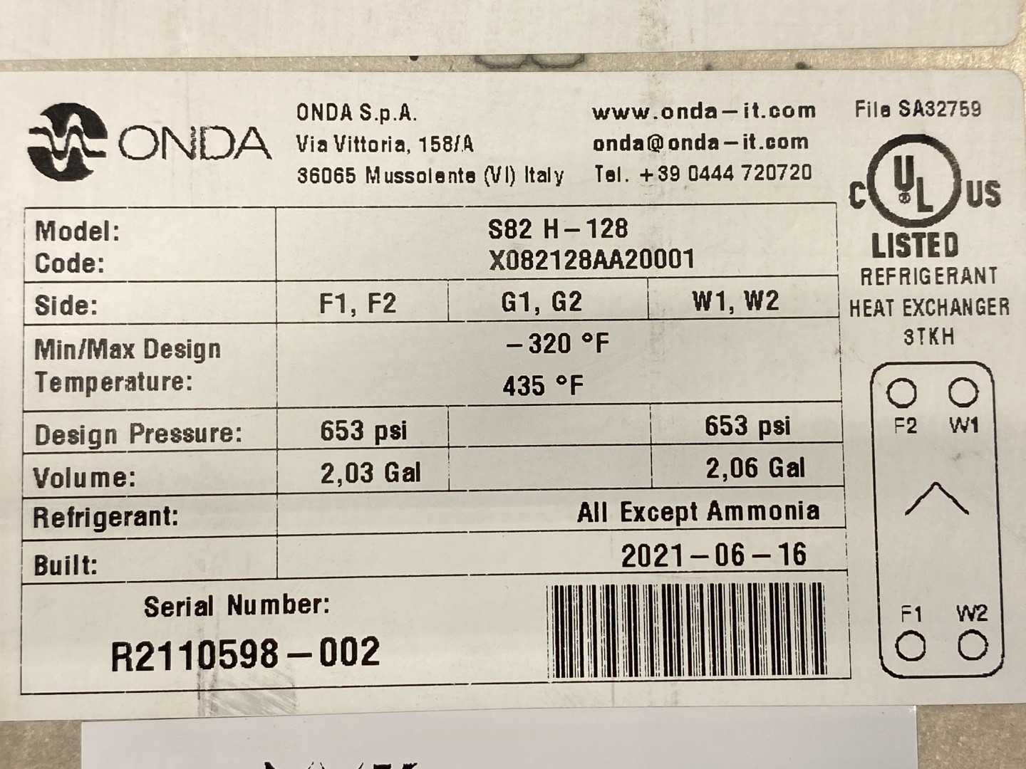 Onda S82 H-128 Refrigerant Plate Heat Exchanger – High-Efficiency Thermal Transfer