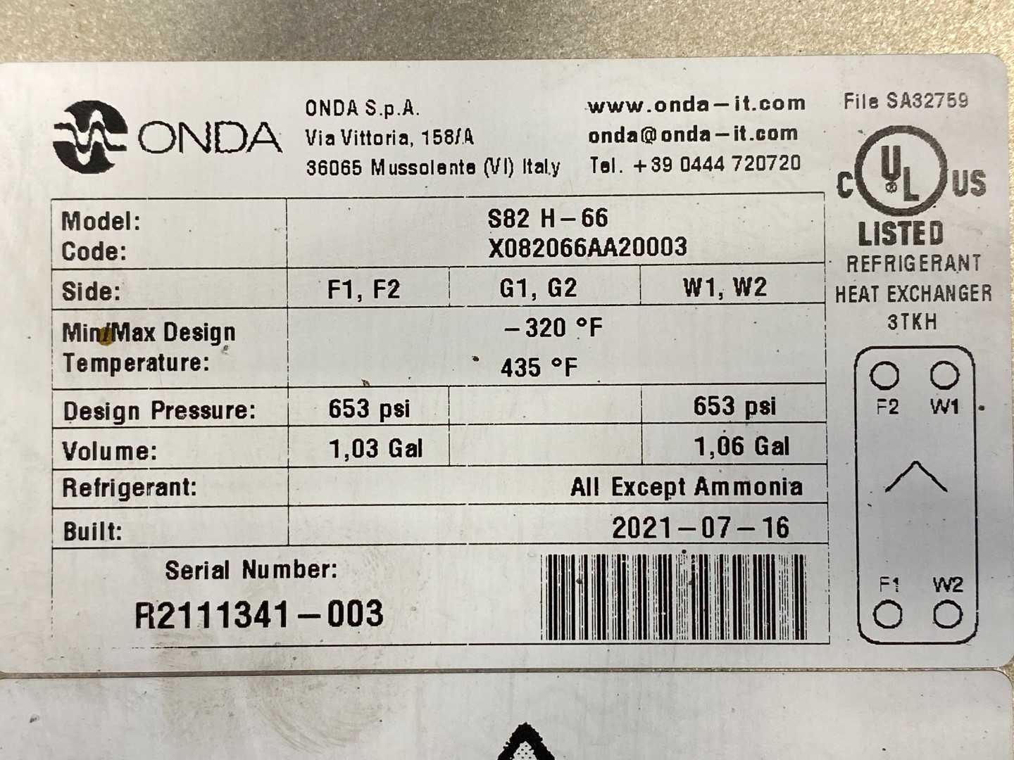 Onda Refrigerant Plated Heat Exchanger S82 H-66