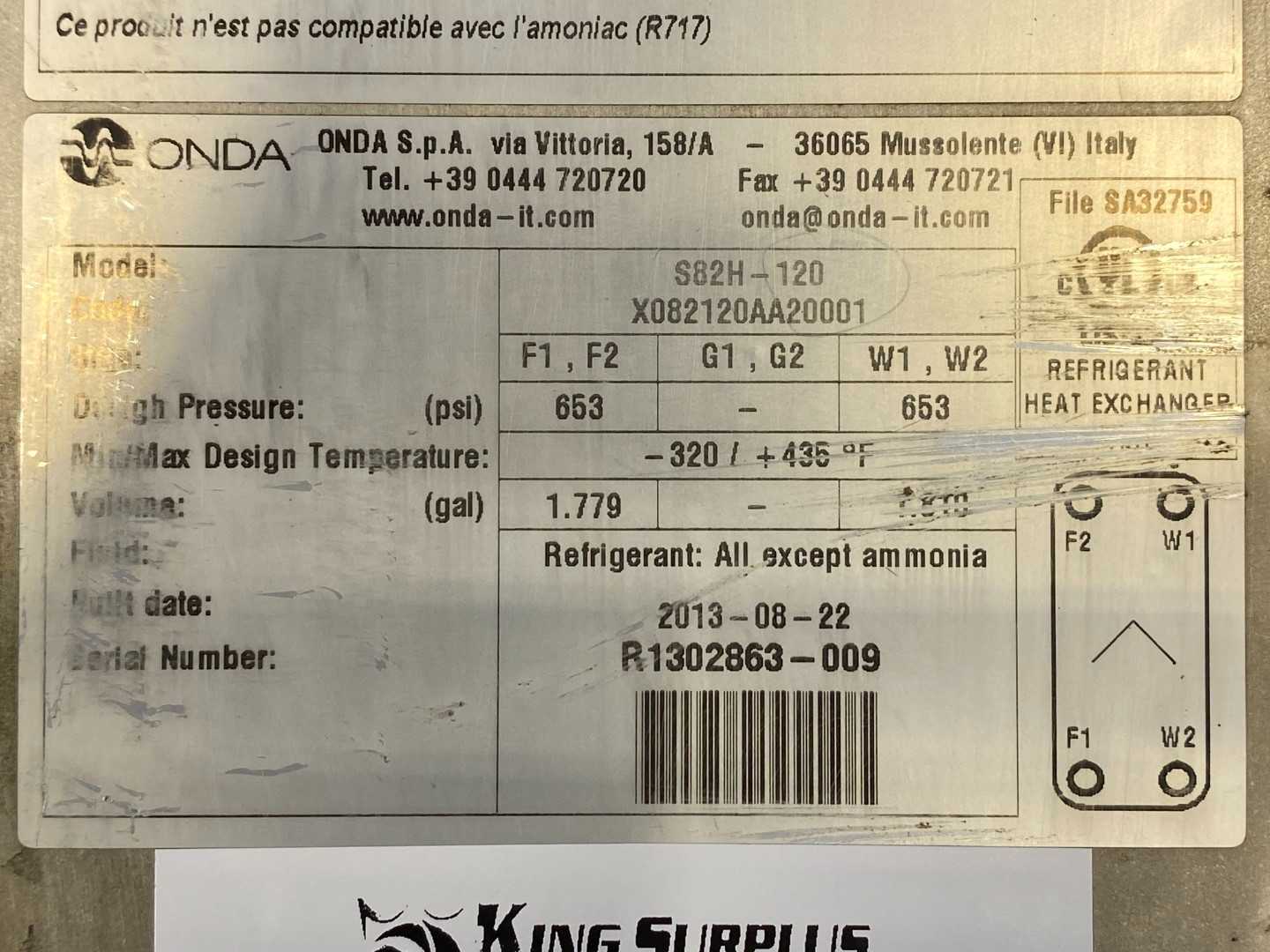 Onda Refrigerant Plated Heat Exchanger S82 H-120