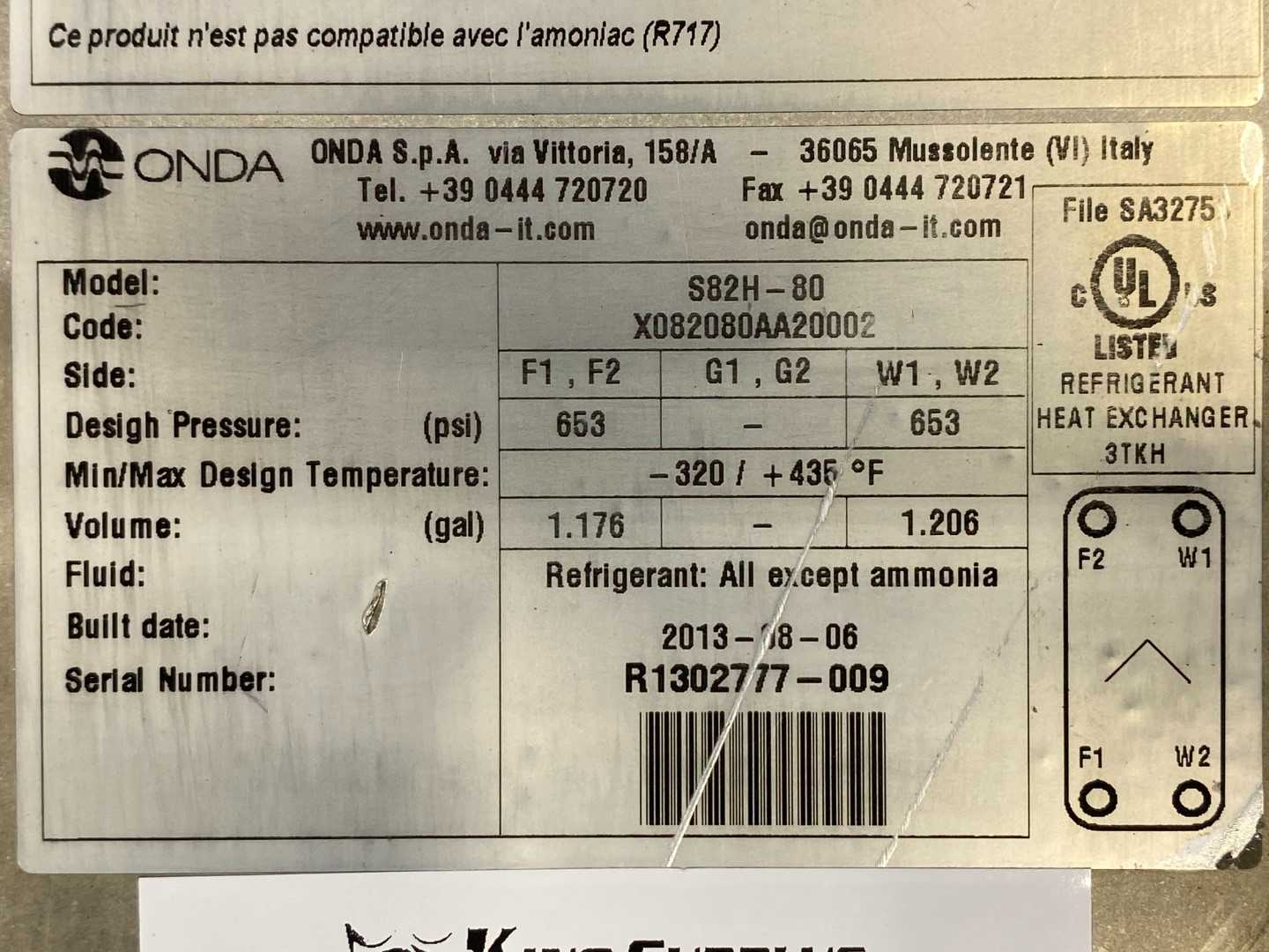 Onda Refrigerant Plated Heat Exchanger S82 H-80