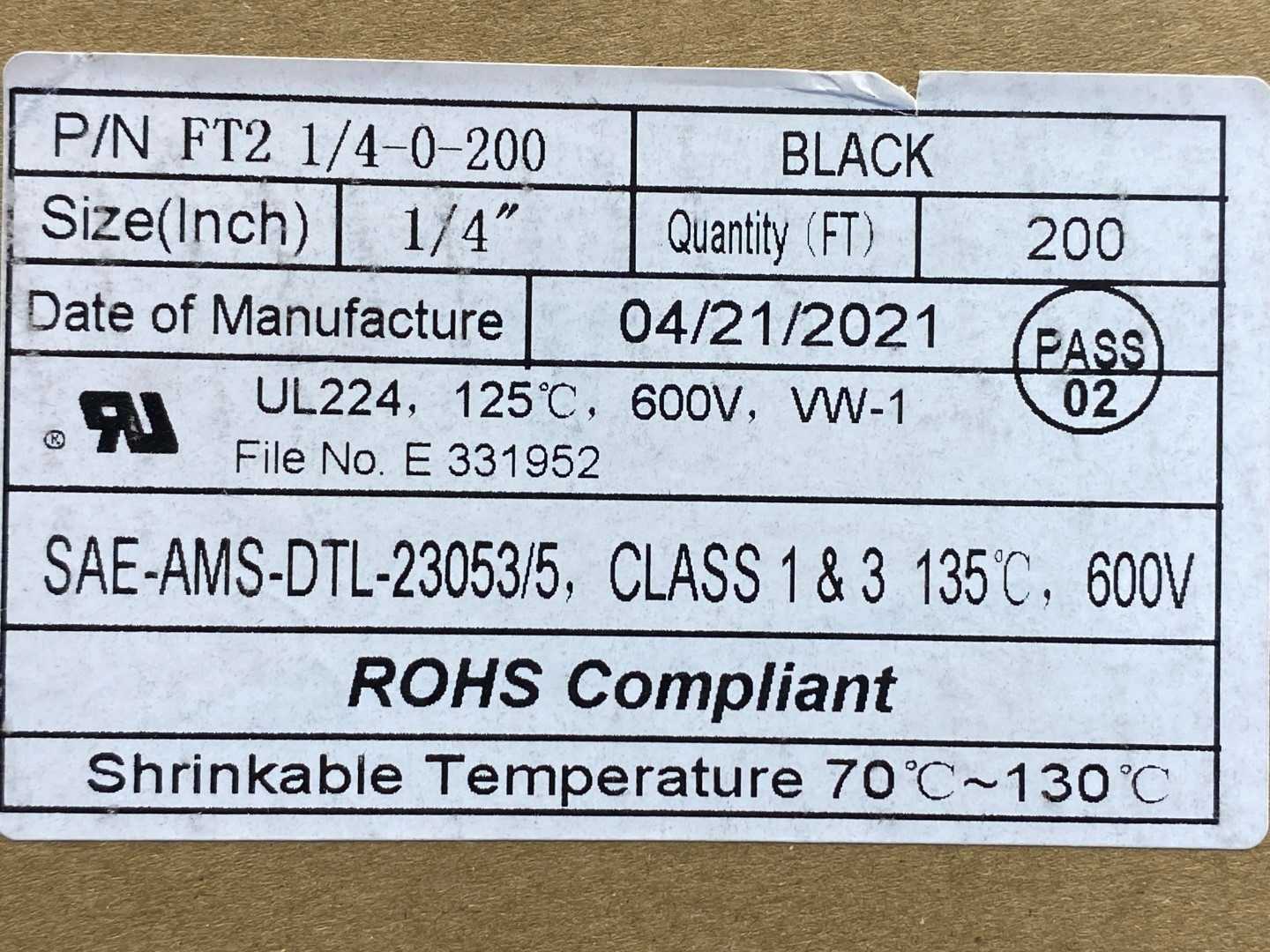 SAE-AMS-DTL-23053/5, Class1&3 135°C, 600V, 1/4" Heat Shrink Tubing 200 FT