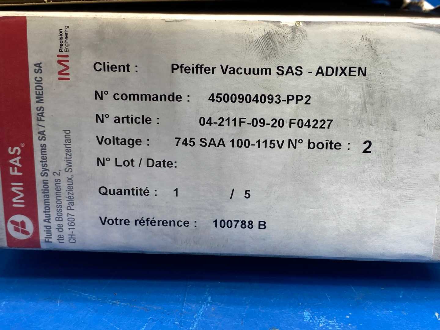 IMI FAS Medic SA Alcatel Vacuum 04-211F-09-20 OP100788 Valve Isolation NW 1 FTG 100/115v