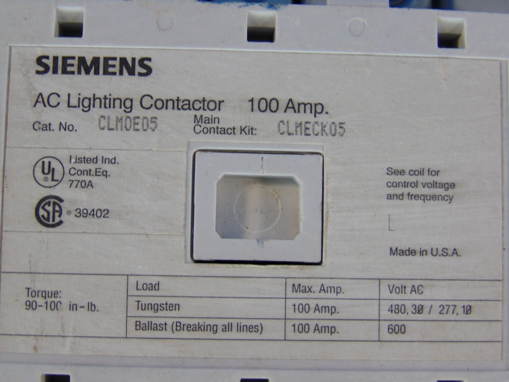 SIEMENS AC CLM0E05 LIGHTING CONTACTOR  100 AMP 