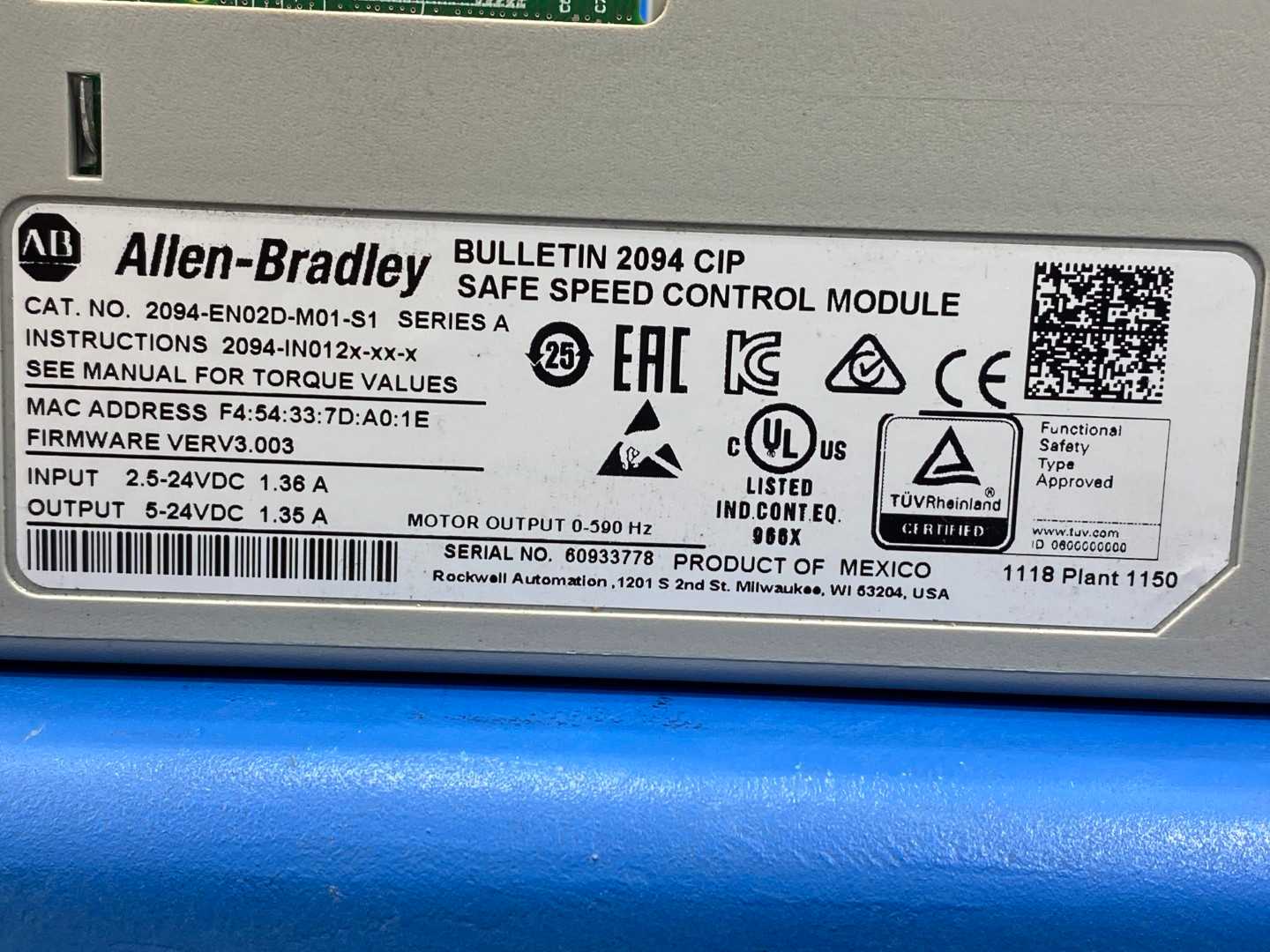 Allen-Bradley 2094-EN02D-M01-S1 ETHERNET/IP Safe Speed Control Module