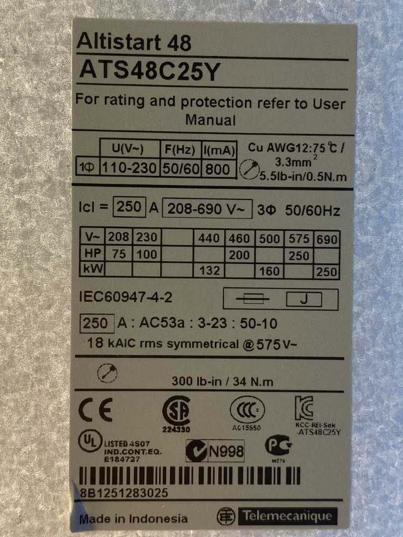 Schneider Electric Altistart 48 Soft Starter, ATS48C25Y, 208-690V 50/60Hz, 250A