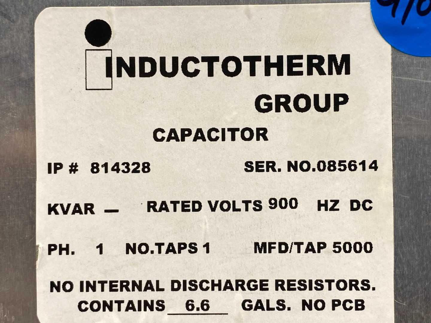 Inductotherm 900V 5000 MFD Single-Phase Capacitor #814328