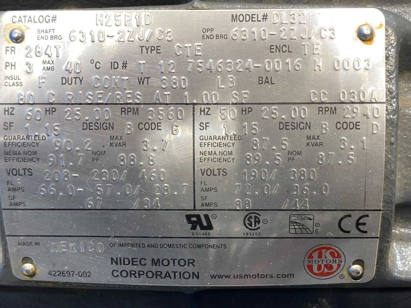 Nidec Motor Corporation 25 HP Electric Motor - Catalog #H25P1D, Model #DL32 (6310-2ZJ/C3)