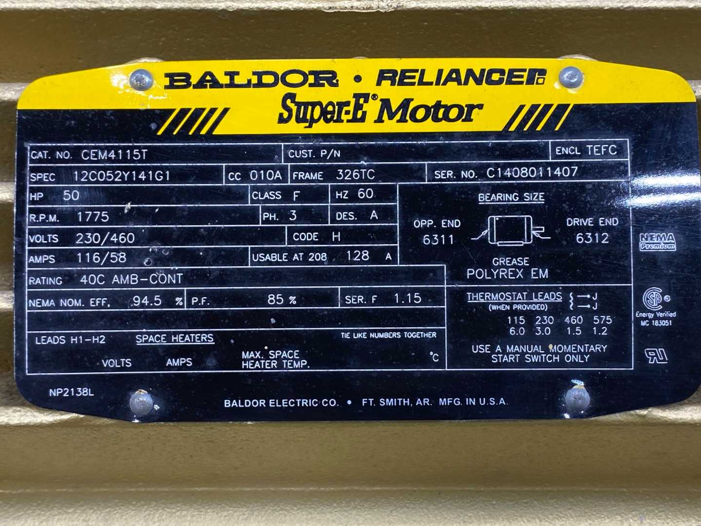 Baldor Electric CEM4115T 50HP 1800RPM 3PH 326TC Frame TEFC C