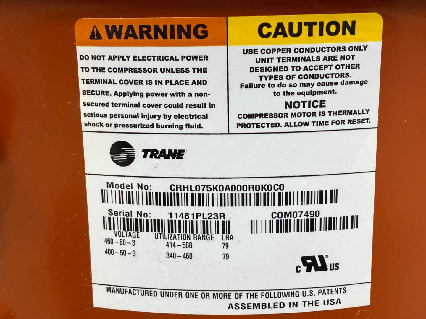 Trane Compressor 7.5 Tons CRHL075K0A000R0K0C0 C0M07490