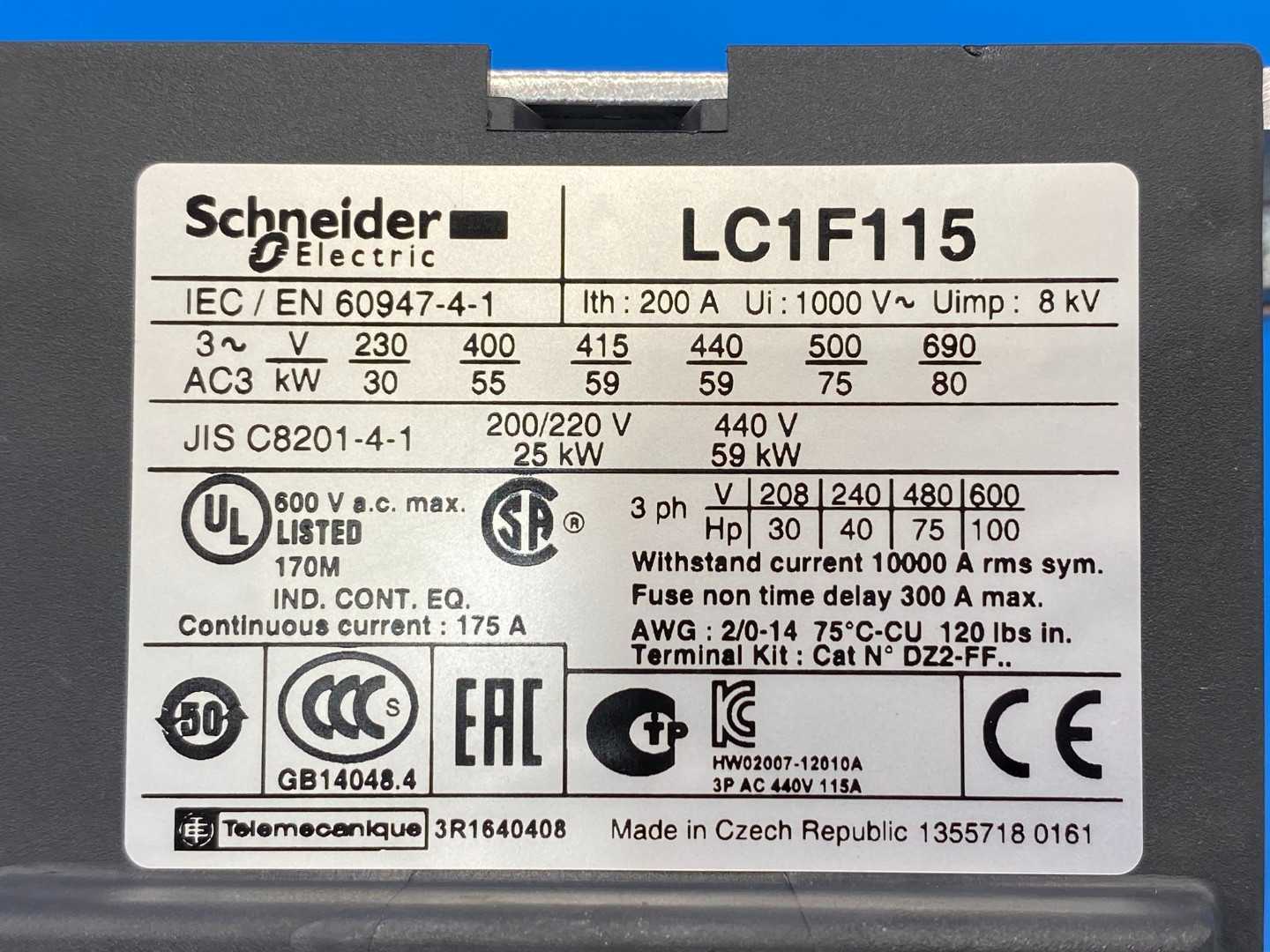 Schneider Electric TeSys LC1F115G6 Contactor – 115A, 3-Pole, 600V AC Coil