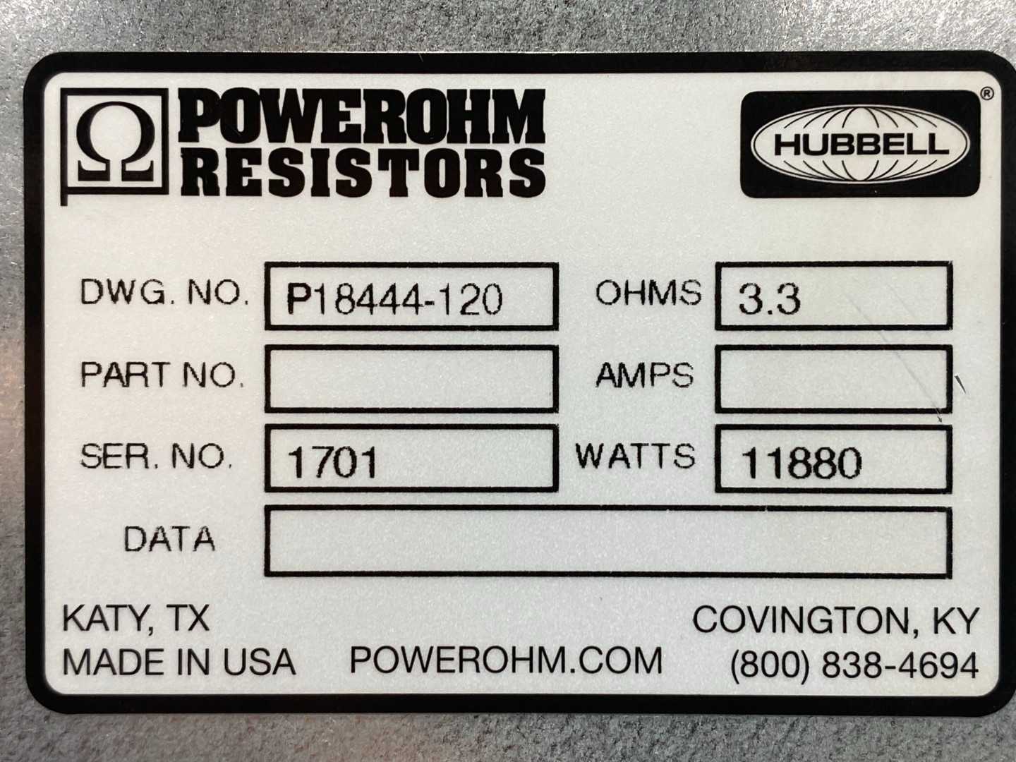 Powerohm / Hubbell Resistor Bank 3.3 O, 11.88 kW, 60 A, Ventilated Enclosure, DWG P18444-120 (Custom made)