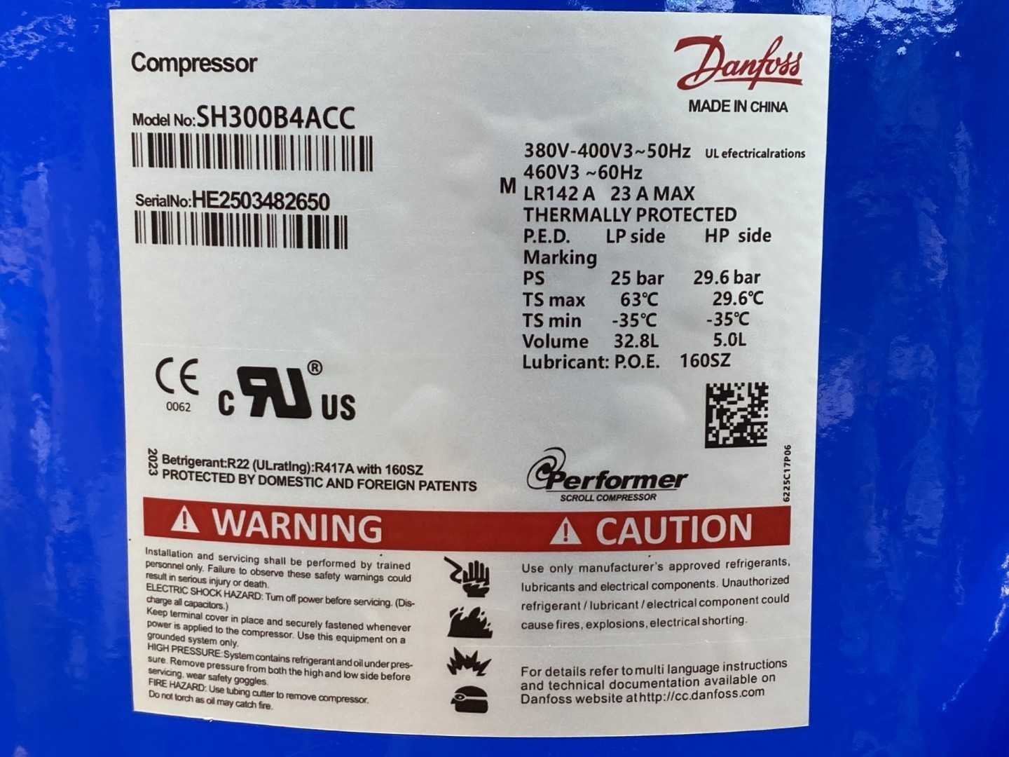 Danfoss Scroll Compressor SH300B4ACC, 380V-400V/3PH/50Hz, 460V/3PH/60HZ