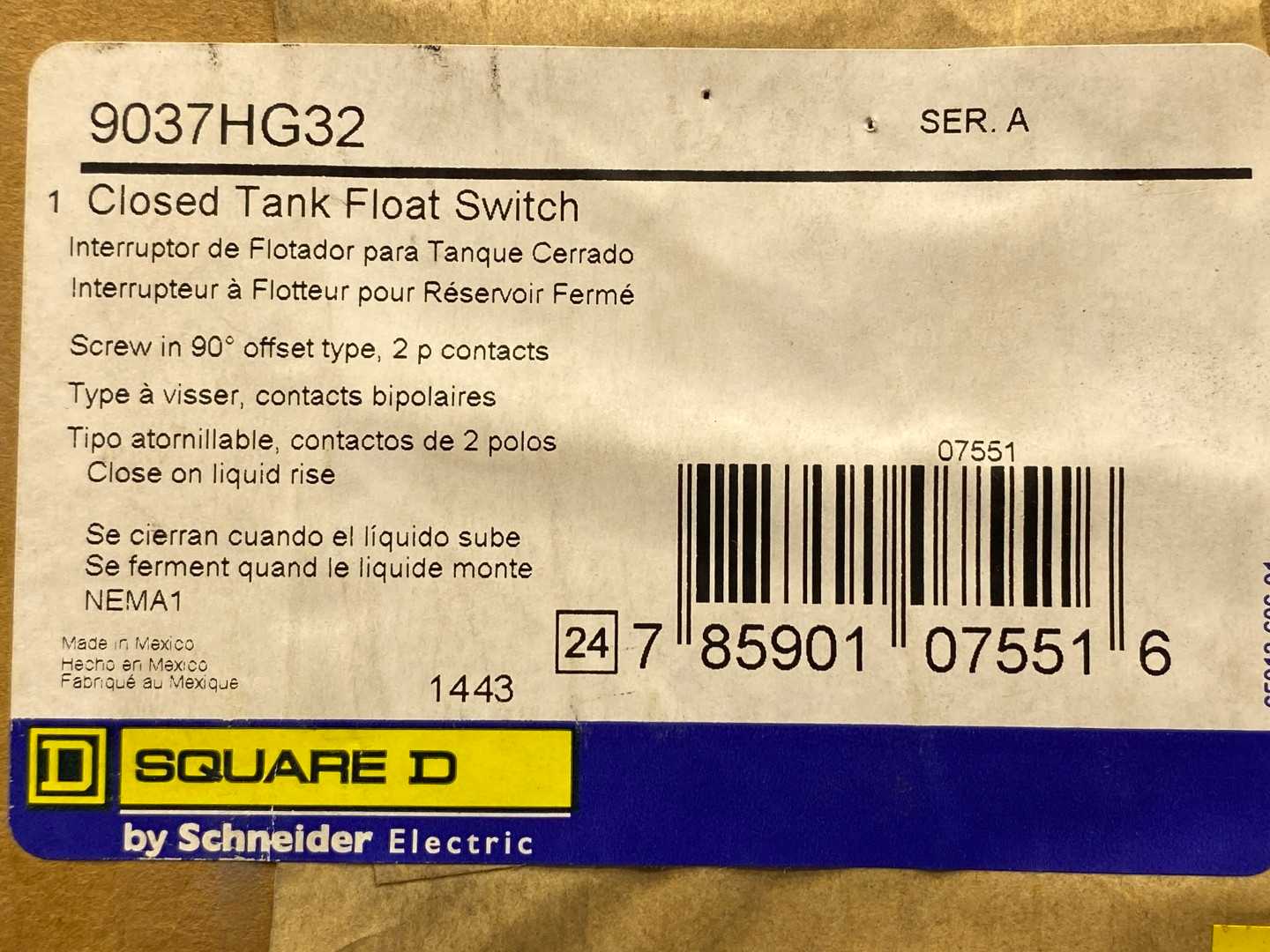 Square D 9037HG32 Closed Tank Float Switch 115V / 230V / 460V / 575V AC
