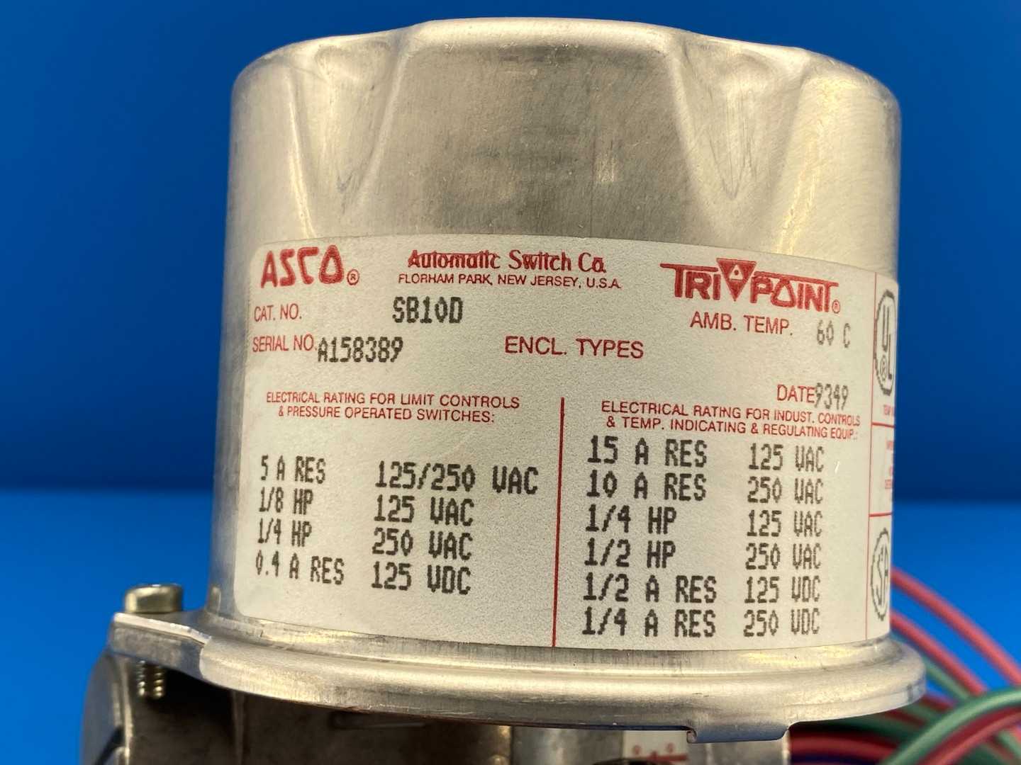 ASCO Tri-Point SB10D, Pressure Switch w/ TG10A21 Pressure Switch Connected; 6-200PSI 125/250V-AC (has Wiring attached)