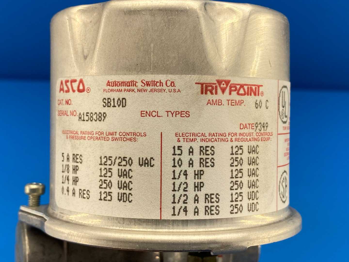 ASCO Tri-Point SB10D, Pressure Switch w/ TG10A21 Pressure Switch Connected; 6-200PSI 125/250V-AC 