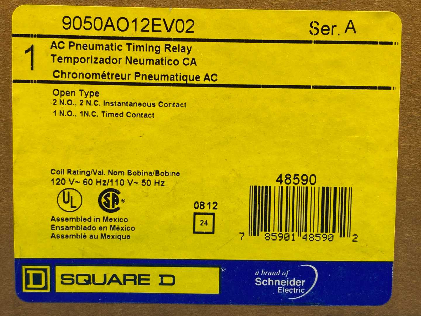 Square D 9050AO12EV02, AC Pneumatic Timing Relay, 120V~60Hz/110V~50Hz