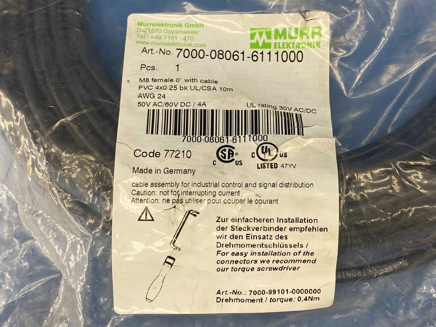 MURR Elektronik M8 Female 0° with Cable PVC 4x0.25bk UL/CSA 10m, AWG24, 50V AC / 60V DC / 4A (7000-08061-6111000)