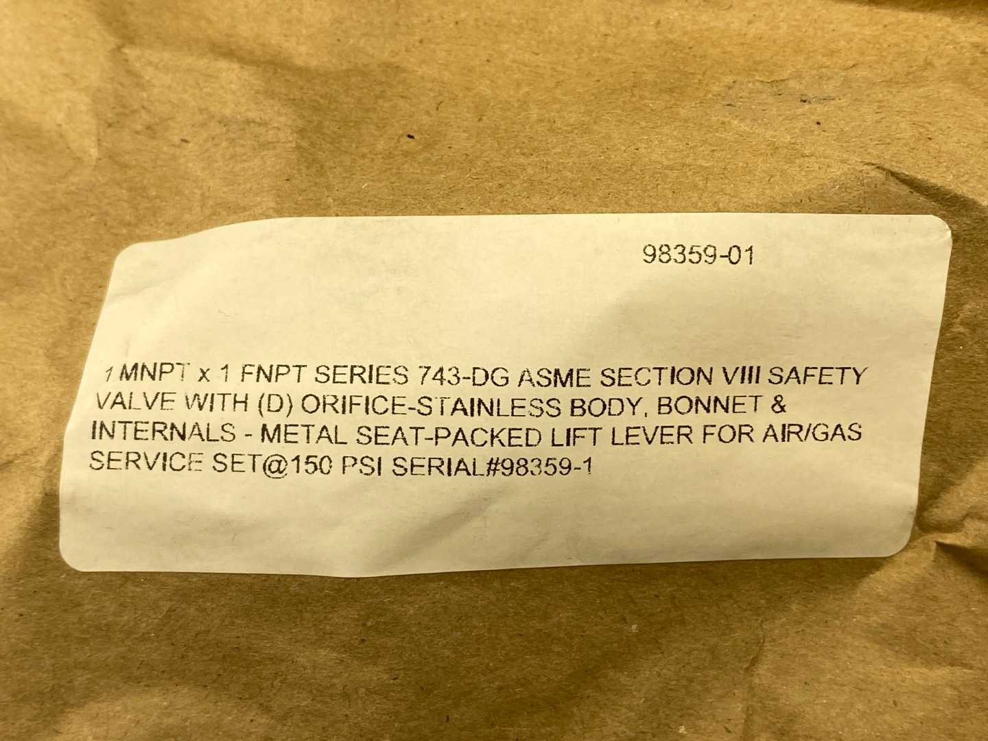 Aquatrol Inc. 743DG1M3K1 Safety Relief Valve, Size: 1x1, 364 SCFM (air) / 150 PSIG
