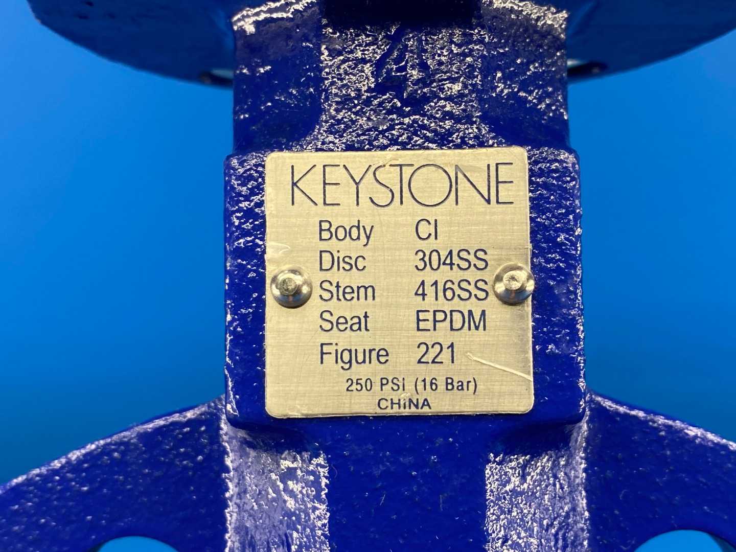 Keystone 4"  Butteryfly Valve, Body Figure 221 CI, Disc, 304SS, Stem416SS, Seat EDPM, 250PSI (16Bar)