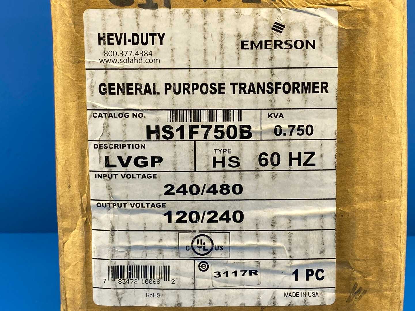 Emerson / SOLA Hevi-Duty Low Voltage General Purpose Transformer HS1F750B, 240/480VAC | 120/240VDC (Factory Sealed)