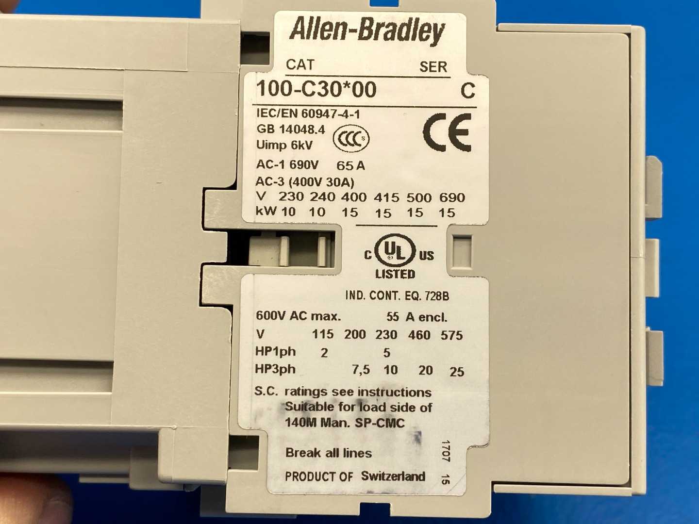 Allen-Bradley, 100-C30D01, IEC Series C Contactor. 3Phase 115/120V 50/60Hz