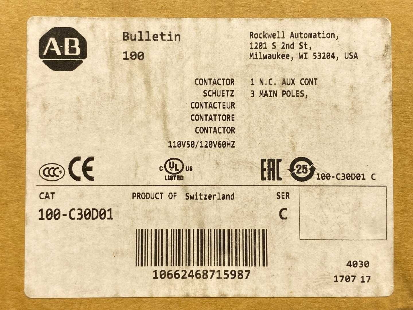Allen-Bradley, 100-C30D01, IEC Series C Contactor. 3Phase 115/120V 50/60Hz