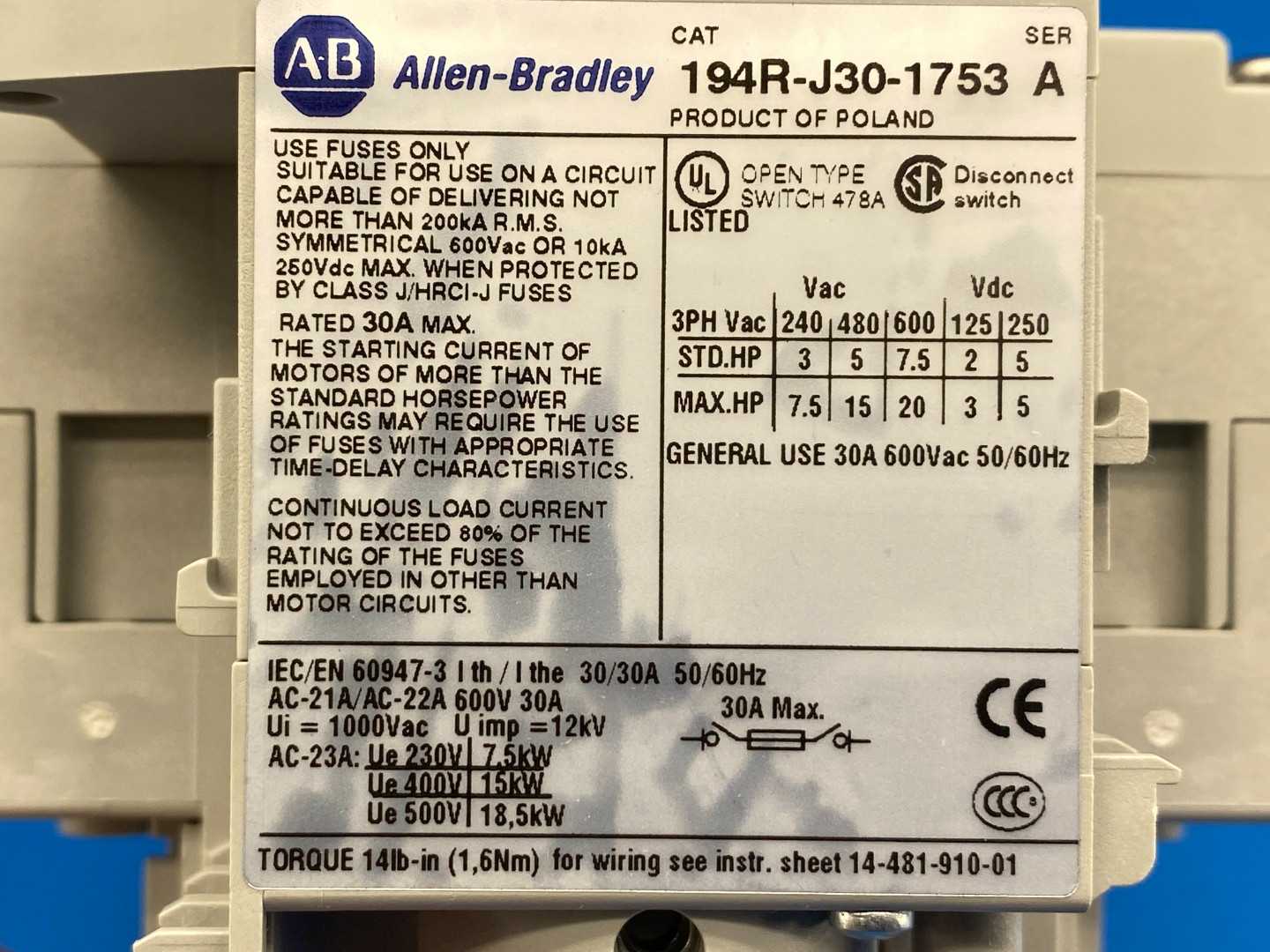 Allen-Bradley 194R-J30-1753 Fused Disconnect Switch