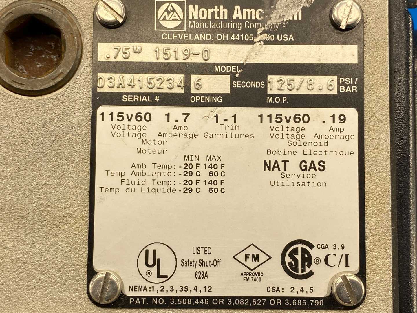 North American Mfg, 1519-0 Automatic Safety Shut-off Valve