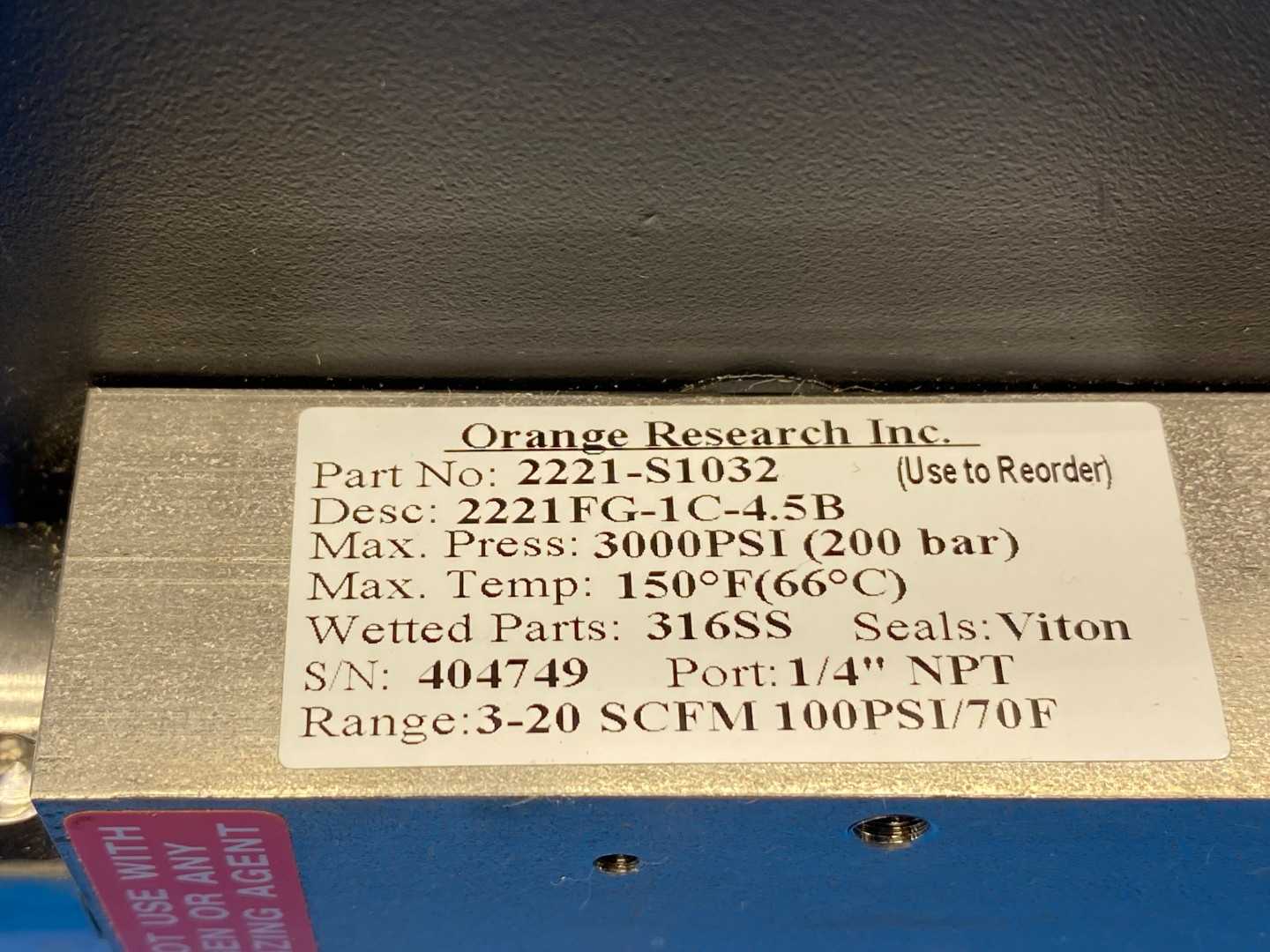 Orange Research 2221-S1032 In-line Flow Meter 1/4" Port 3000PSI 3-20 SCFM Viton Seals