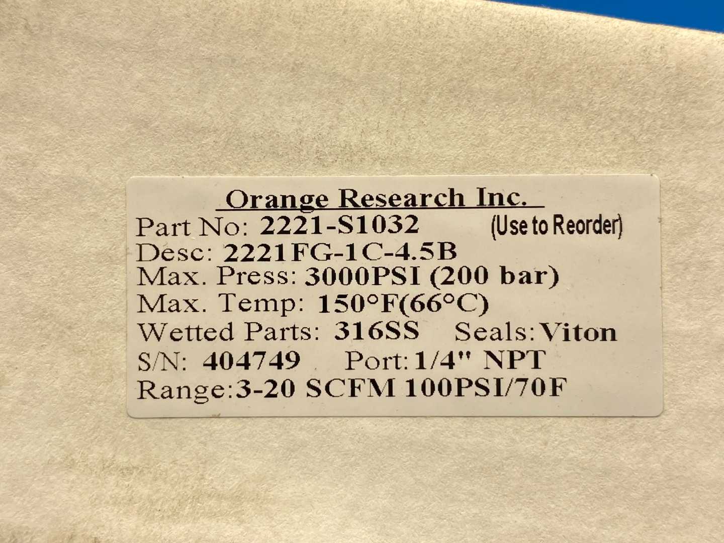 Orange Research 2221-S1032 In-line Flow Meter 1/4" Port 3000PSI 3-20 SCFM Viton Seals
