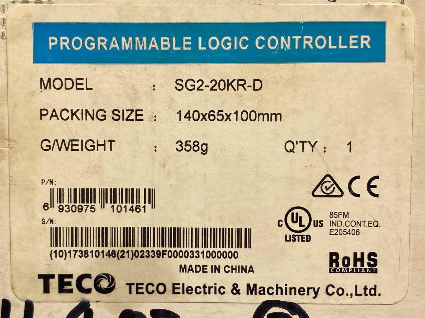 TECO SG2-20KR-D Programmable Logic Controller, 24VDC Input, 8 Relay Outputs (240VAC/8A)