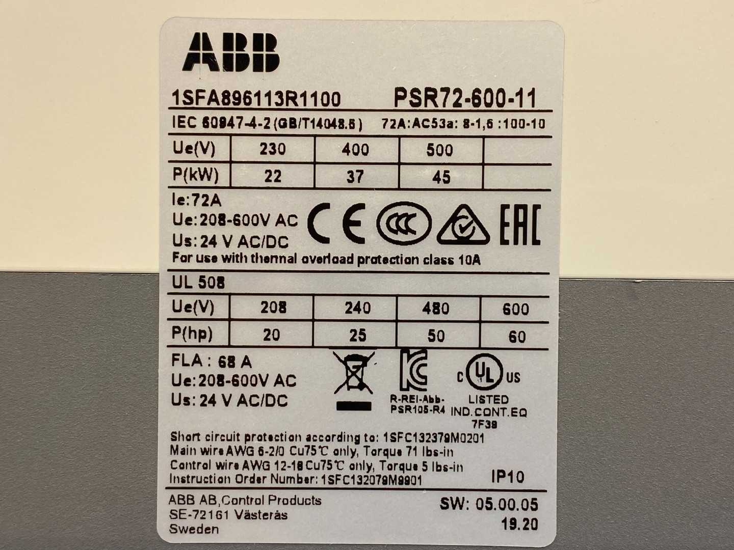 ABB PSR72-600-11 1SFA896113R1100 Soft Starter