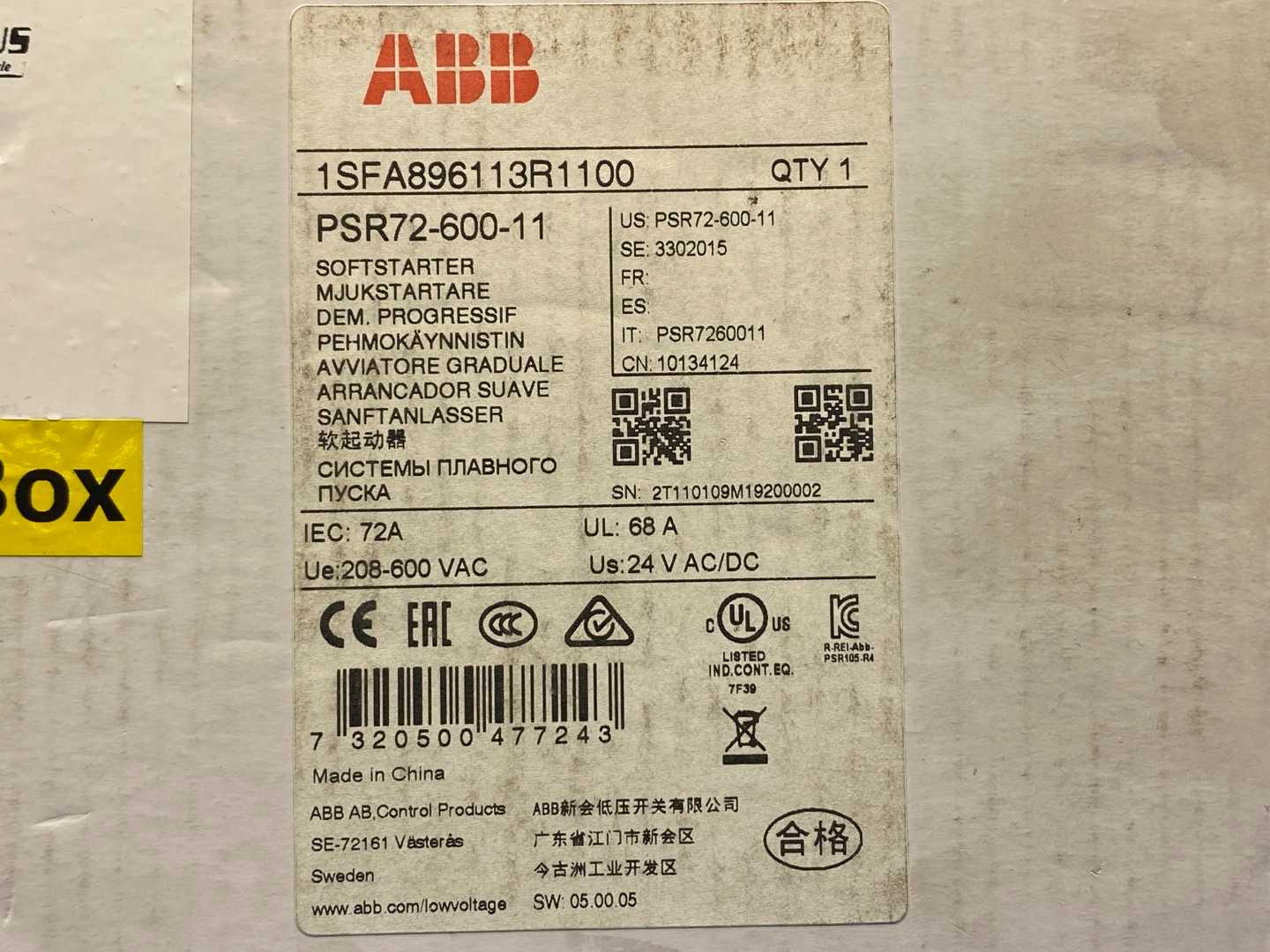 ABB PSR72-600-11 1SFA896113R1100 Soft Starter