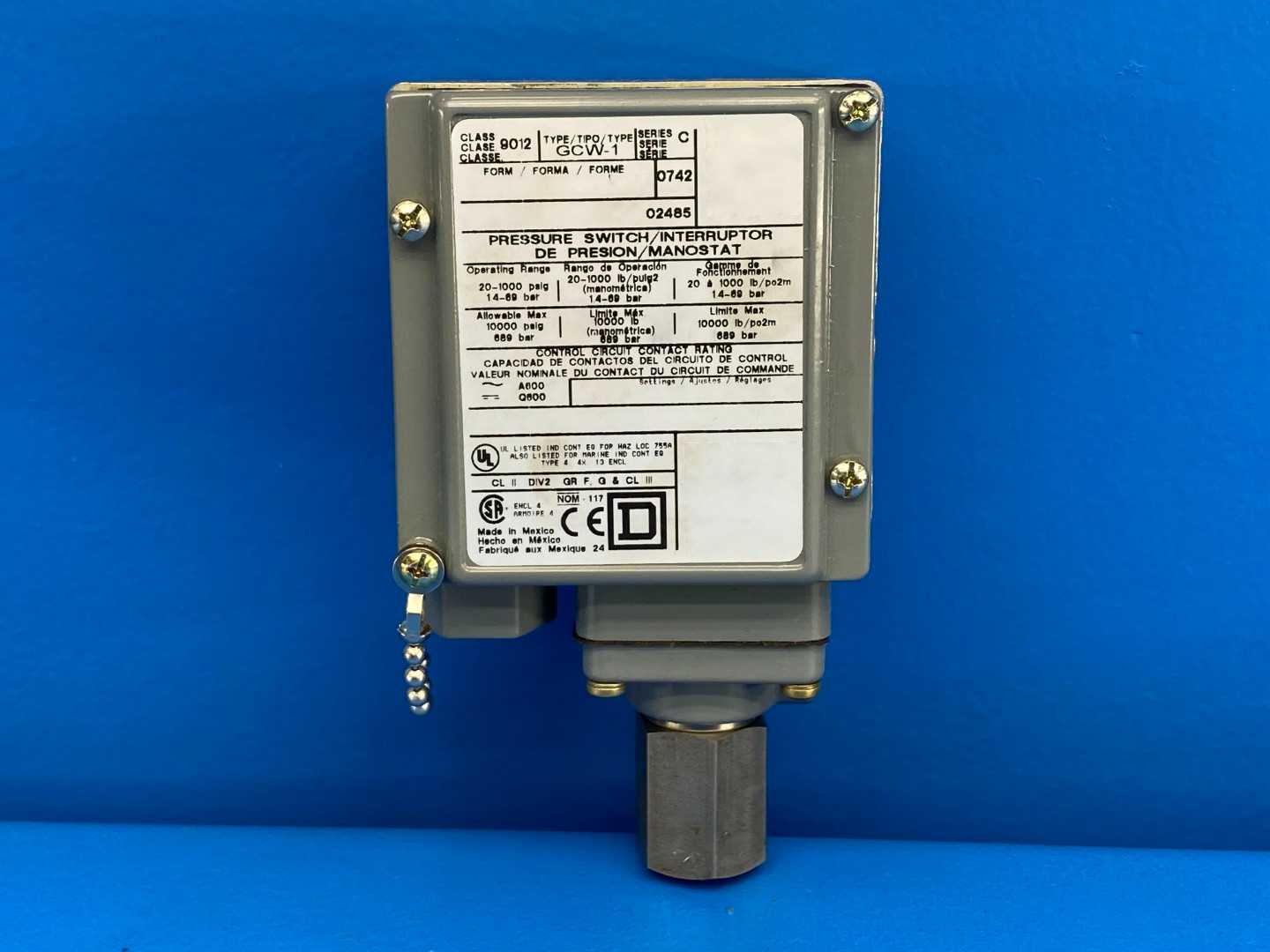 Square D 4,4X 13 ENCL Industrial Pressure Switch 500.00 psi