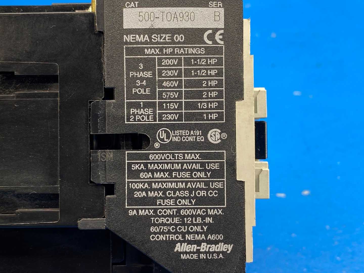 Allen-Bradley 500-T0A930, Series B Contactor Nema Size 00