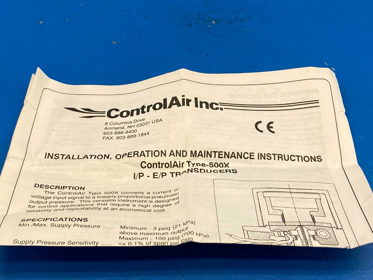 ControlAir 500X E/P Electro-Pneumatic Transducer 1-9V Input 3-15PSI Output 18-100 PSI Supply
