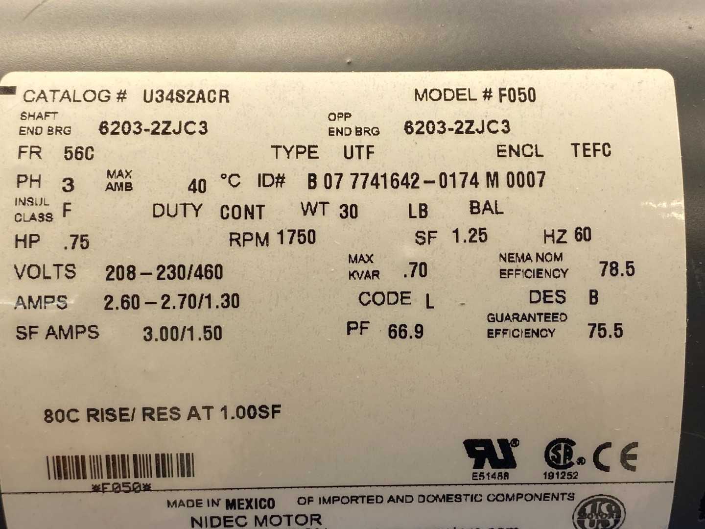 3/4HP US Motors U34S2ACR Motor Model #F050, 208-330/460V, 3PH, 1750RPM, FR-56C