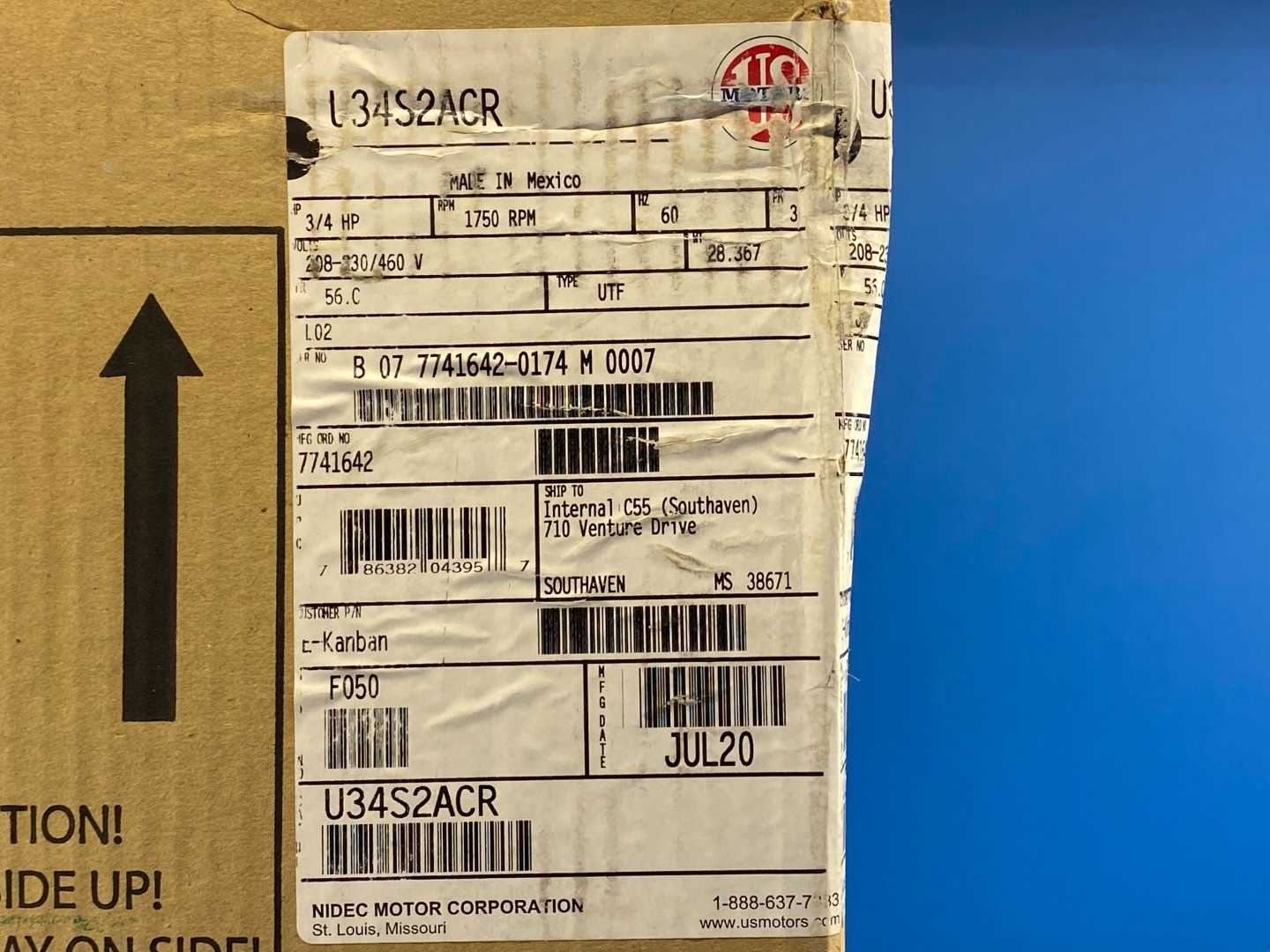 3/4HP US Motors U34S2ACR Motor Model #F050, 208-330/460V, 3PH, 1750RPM, FR-56C