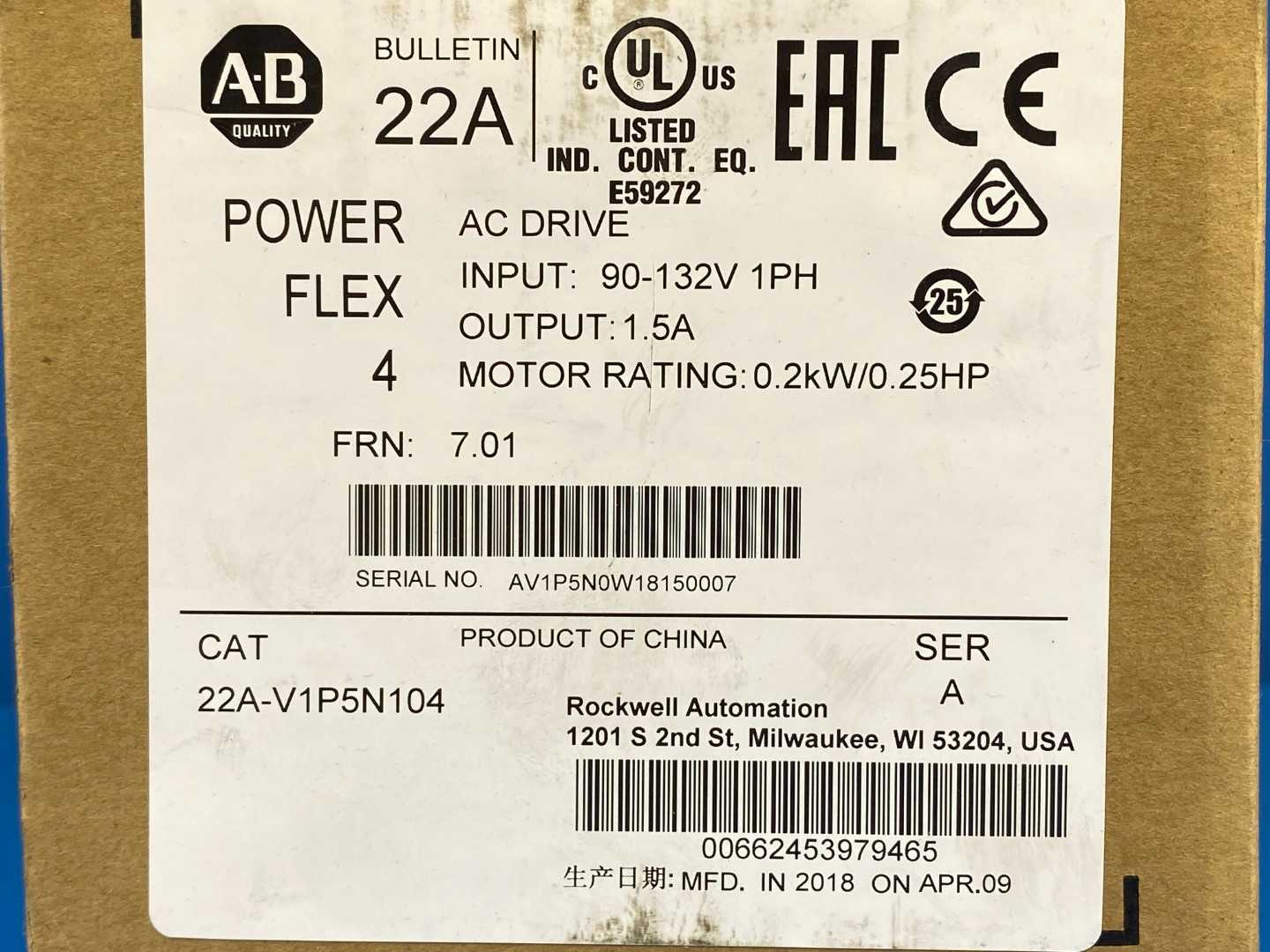 Allen-Bradley PowerFlex 4 Variable Frequency Drive (VFD) 22A-V1P5N104, 0.25HP, 1.5A, 120V, Single-Phase AC Input